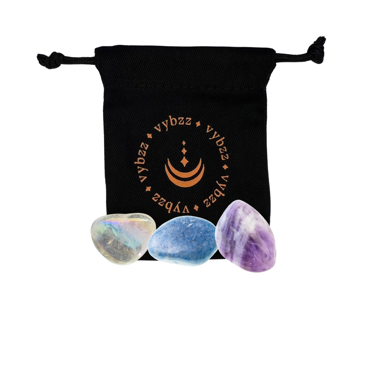 Black pouch with gold design and three colorful healing crystals in front