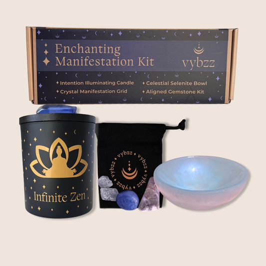 Infinite Zen manifestation kit, candle with gold icon, carry pouch with crystals and selenite bowl.