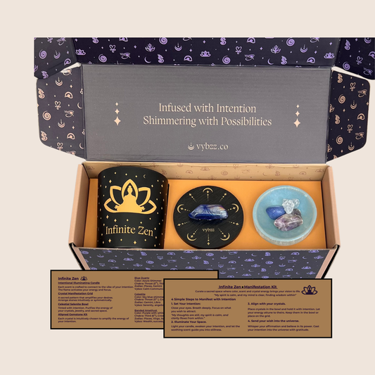 Infinite Zen Manifestation Kit in gift box. Aromatherapy candle, lid with crystal, selenite crystal bowl with information cards.
