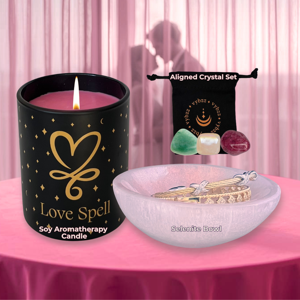 Manifestation Kit for Love, Aromatherapy Intention Candle, luminous selenite crystal bowl, and crystal set.