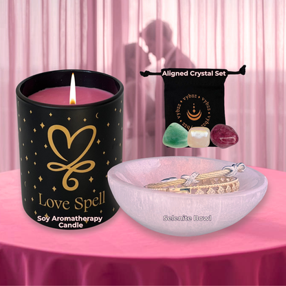 Manifestation Kit for Love, Aromatherapy Intention Candle, luminous selenite crystal bowl, and crystal set.