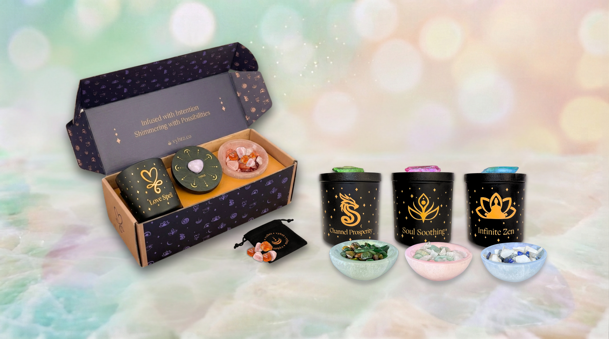 Open Essential-size Manifestation Kit gift box featuring Love Spell Aromatherapy Intention Candle, crystal grid, and Selenite Bowl with crystals; other kits include Channel Prosperity, Soul Soothing, and Infinite Zen.