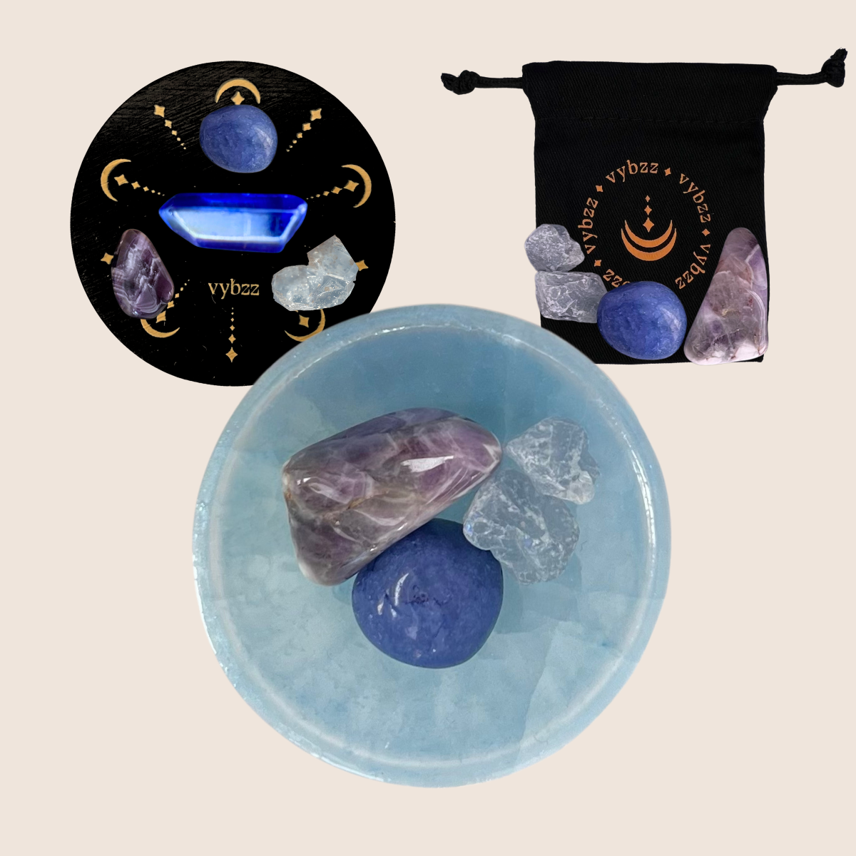 Infinite Zen, sky blue-tinted selenite crystal bowl with banded amethyst, celestite and blue aura quartz crystals. Shown in bowl, with carry pouch and on crystal grid.