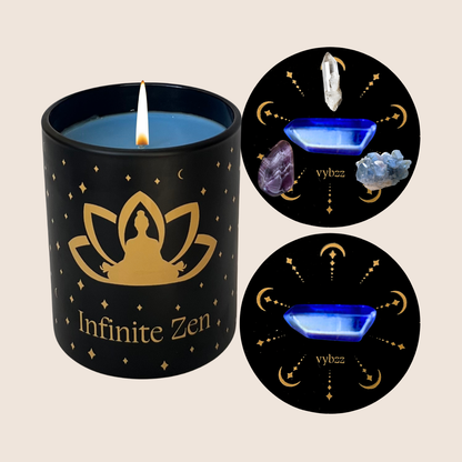 Black scented candle with Infinite Zen label and crystal-decorated lids, spiritual decor